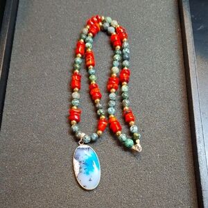 Handmade Red and Turquoise Beaded Necklace with Blue Agate Pendant